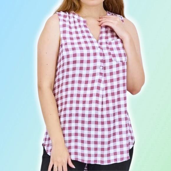 NWT MARKET & SPRUCE Women's Split Neck Sleeveless Gingham Print Top Sz Medium - Picture 1 of 7